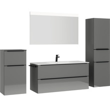 Badmöbel-Set NOBILIA Programm 1 BxHxT 230 x 169,1 x 48,7 cm Frontfarbe grau hochglanz mit Möbel-Waschtisch weiß und Spiegel mit LED-Beleuchtung Midischrank Unterschrank Griffleiste schwarz 149