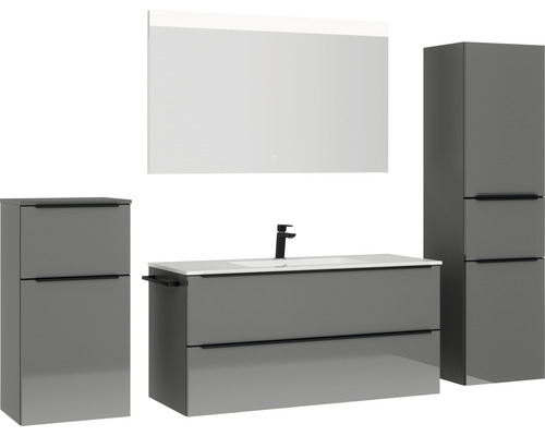 Graues Badezimmermöbel-Set mit Waschtisch, Spiegelschrank und Hochschränken