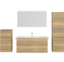 Badmöbel-Set NOBILIA Programm 1 BxHxT 230 x 169,1 x 48,7 cm Frontfarbe eiche natur mit Möbel-Waschtisch weiß und Spiegel mit LED-Beleuchtung Midischrank Unterschrank Griffleiste chrom matt 150