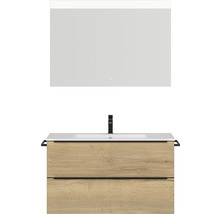 Badmöbel-Set NOBILIA Programm 1 BxHxT 101 x 169,1 x 48,7 cm Frontfarbe eiche natur mit Möbel-Waschtisch weiß und Spiegel mit LED-Beleuchtung Griffleiste schwarz 095