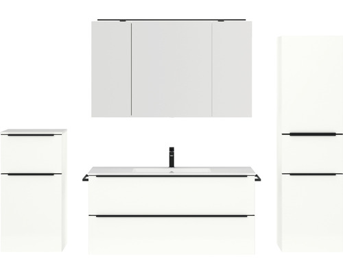Badmöbel-Set NOBILIA Programm 1 BxHxT 230 x 169,1 x 48,7 cm Frontfarbe weiß hochglanz mit Möbel-Waschtisch und Spiegelschrank 3-türig mit LED-Beleuchtung Unterschrank Midischrank Griffleiste schwarz 155 Badezimmersatz mit Waschtischunterschrank, Waschbecken, Spiegelschrank und Hochschrank