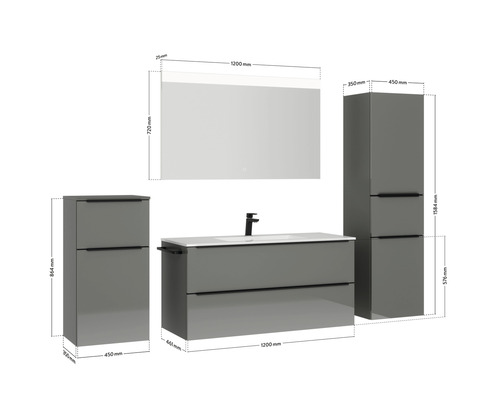 Badezimmer Set mit Waschtischunterschrank, Waschbecken, Spiegelschrank und Seitenschrank mit Maßangaben