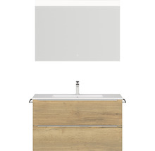 Badmöbel-Set NOBILIA Programm 1 BxHxT 101 x 169,1 x 48,7 cm Frontfarbe eiche natur mit Möbel-Waschtisch weiß und Spiegel mit LED-Beleuchtung Griffleiste chrom matt 094