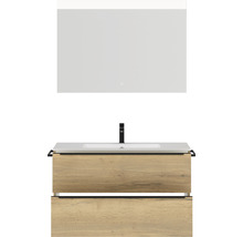 Badmöbel-Set NOBILIA Programm 1 BxHxT 101 x 169,1 x 48,7 cm Frontfarbe eiche natur mit Möbel-Waschtisch weiß und Spiegel mit LED-Beleuchtung Griffleiste schwarz 095