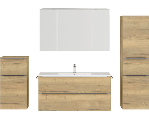 Badmöbel-Set NOBILIA Programm 1 BxHxT 230 x 169,1 x 48,7 cm Frontfarbe eiche natur mit Möbel-Waschtisch und Spiegelschrank 3-türig mit LED-Beleuchtung Unterschrank Midischrank Griffleiste chrom matt 158 Badezimmermöbelset mit Waschtischunterschrank, Waschbecken, Spiegelschrank und zwei Hochschränken