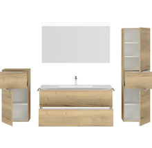 Badmöbel-Set NOBILIA Programm 1 BxHxT 230 x 169,1 x 48,7 cm Frontfarbe eiche natur mit Möbel-Waschtisch weiß und Spiegel mit LED-Beleuchtung Midischrank Unterschrank Griffleiste chrom matt 150