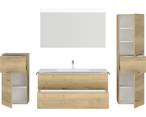 Ensemble de meubles de salle de bains avec lavabo, armoire de toilette et armoires latérales aspect bois