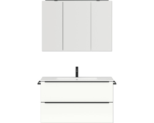 Badmöbel-Set NOBILIA Programm 1 BxHxT 101 x 169,1 x 48,7 cm Frontfarbe weiß hochglanz mit Möbel-Waschtisch und Spiegelschrank 3-türig mit LED-Beleuchtung Griffleiste schwarz 099