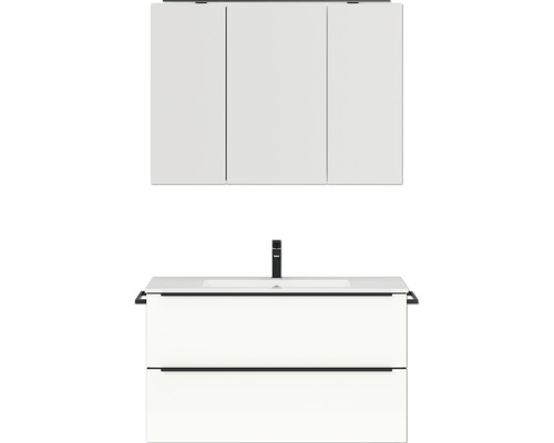 Set de meubles de salle de bains NOBILIA Programm 1 lxhxp 101 x 169,1 x 48,7 cm couleur de façade blanc haute brillance avec meuble à vasque et armoire de toilette à 3 portes avec éclairage LED barre de prise noir 099