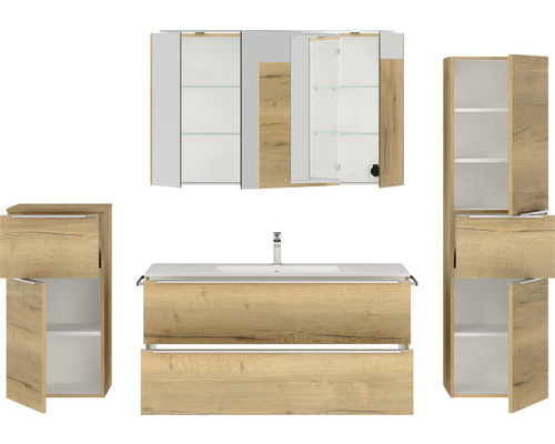 Komplette Badezimmereinrichtung mit Waschtischunterschrank, Waschbecken, Spiegelschrank und Hochschrank