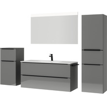 Badmöbel-Set NOBILIA Programm 1 BxHxT 230 x 169,1 x 48,7 cm Frontfarbe grau hochglanz mit Möbel-Waschtisch weiß und Spiegel mit LED-Beleuchtung Midischrank Unterschrank Griffleiste schwarz 149