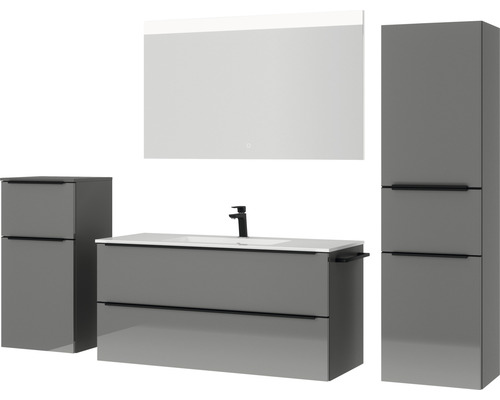Badezimmermöbelset mit Waschtisch, Spiegel, Hochschrank und Seitenschrank
