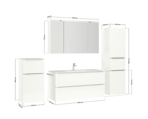 Abbildung eines Badezimmermöbel-Sets mit Waschtischunterschrank, Spiegelschrank und Hochschrank mit Maßangaben.