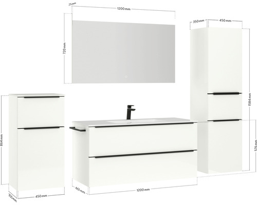 Badezimmermöbelset mit Waschtischunterschrank, Waschbecken, Spiegelschrank und Hochschrank mit Maßangaben