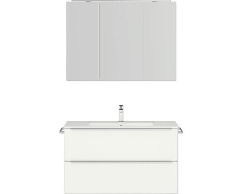 Set de meubles de salle de bains NOBILIA Programm 1 lxhxp 101 x 169,1 x 48,7 cm couleur de façade blanc mat avec meuble à vasque et armoire de toilette à 3 portes avec éclairage LED barre de prise chrome mat 096