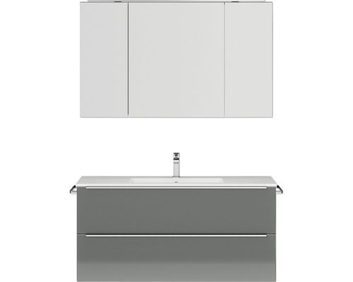 Set de meubles de salle de bains NOBILIA Programm 1 lxhxp 121 x 169,1 x 48,7 cm couleur de façade gris haute brillance avec vasque pour meuble et armoire de toilette à 3 portes avec éclairage LED barre de prise chrome mat 140 Meuble-lavabo avec meuble sous-vasque et armoire de toilette pour la salle de bains