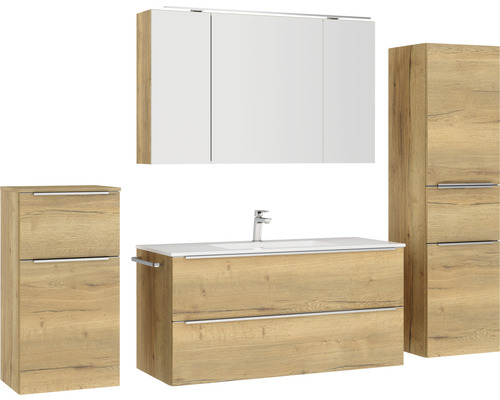Badezimmermöbelset mit Waschbeckenunterschrank, Spiegelschrank und Hochschrank in Holzoptik