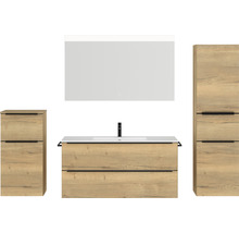 Badmöbel-Set NOBILIA Programm 1 BxHxT 230 x 169,1 x 48,7 cm Frontfarbe eiche natur mit Möbel-Waschtisch weiß und Spiegel mit LED-Beleuchtung Midischrank Unterschrank Griffleiste schwarz 151