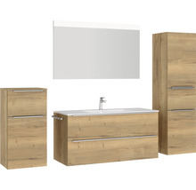 Badmöbel-Set NOBILIA Programm 1 BxHxT 230 x 169,1 x 48,7 cm Frontfarbe eiche natur mit Möbel-Waschtisch weiß und Spiegel mit LED-Beleuchtung Midischrank Unterschrank Griffleiste chrom matt 150