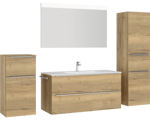 Ensemble de salle de bains avec meuble sous-lavabo, lavabo, armoire de toilette et deux armoires hautes en décor bois