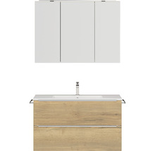 Badmöbel-Set NOBILIA Programm 1 BxHxT 101 x 169,1 x 48,7 cm Frontfarbe eiche natur mit Möbel-Waschtisch und Spiegelschrank 3-türig mit LED-Beleuchtung Griffleiste chrom matt 102