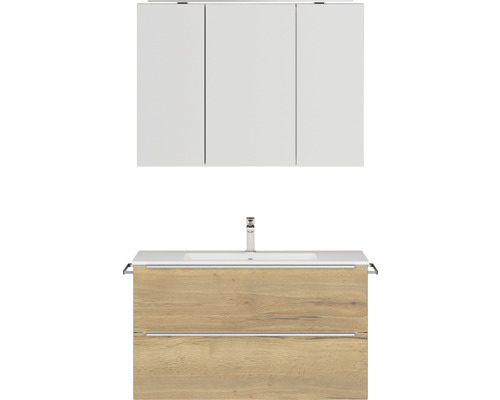 Set de meubles de salle de bains NOBILIA Programm 1 lxhxp 101 x 169,1 x 48,7 cm couleur de façade chêne naturel avec meuble à vasque et armoire de toilette à 3 portes avec éclairage LED barre de prise chrome mat 102