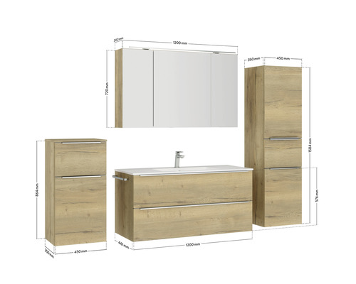 Badezimmermöbelset mit Waschtischunterschrank, Spiegelschrank und zwei Hochschränken mit Maßangaben