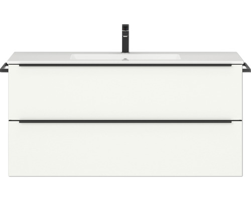 Badmöbel-Set NOBILIA Programm 1 121 BxHxT 121 x 59,1 x 48,7 cm Frontfarbe weiß matt mit Möbel-Waschtisch Griffleiste schwarz 121 Waschbeckenunterschrank mit zwei Schubladen und Armatur