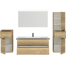 Badmöbel-Set NOBILIA Programm 1 BxHxT 230 x 169,1 x 48,7 cm Frontfarbe eiche natur mit Möbel-Waschtisch weiß und Spiegel mit LED-Beleuchtung Midischrank Unterschrank Griffleiste schwarz 151