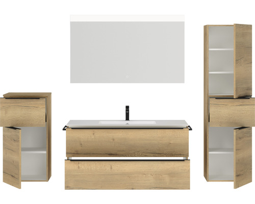 Ensemble de salle de bains avec lavabo, armoire de toilette et armoires hautes aspect bois