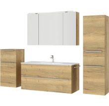 Badmöbel-Set NOBILIA Programm 1 BxHxT 230 x 169,1 x 48,7 cm Frontfarbe eiche natur mit Möbel-Waschtisch und Spiegelschrank 3-türig mit LED-Beleuchtung Unterschrank Midischrank Griffleiste chrom matt 158