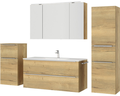 Modernes Badezimmer-Set mit Waschtisch, Spiegelschrank und zusätzlichen Schränken für Stauraum