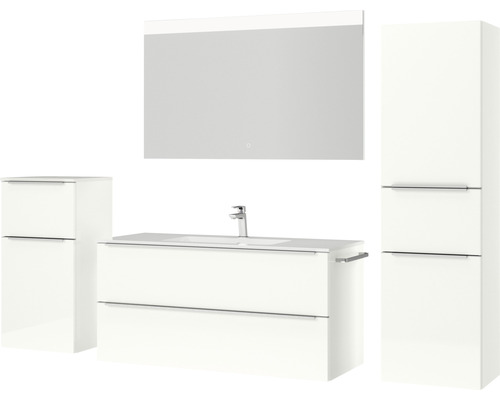 Ensemble de meubles de salle de bains blancs avec meuble sous-lavabo, armoire de toilette et armoire haute