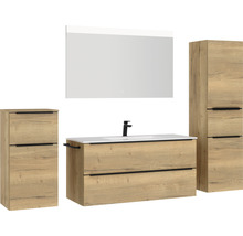Badmöbel-Set NOBILIA Programm 1 BxHxT 230 x 169,1 x 48,7 cm Frontfarbe eiche natur mit Möbel-Waschtisch weiß und Spiegel mit LED-Beleuchtung Midischrank Unterschrank Griffleiste schwarz 151
