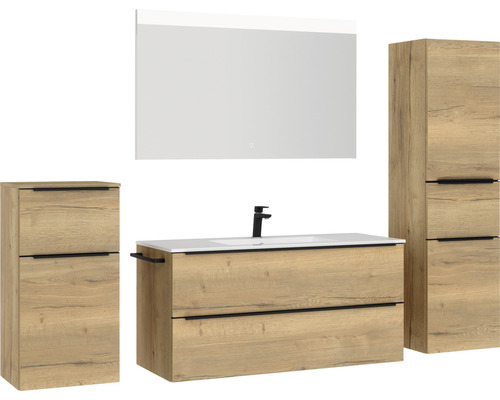 Ensemble de meubles de salle de bains avec meuble sous-vasque, lavabo, armoire de toilette et armoires hautes au design bois