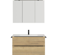 Set de meubles de salle de bains NOBILIA Programm 1 lxhxp 101 x 169,1 x 48,7 cm couleur de façade chêne naturel avec vasque pour meuble et armoire de toilette à 3 portes avec éclairage LED barre de prise noir 103