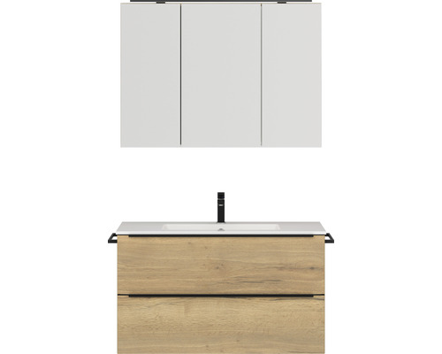 Set de meubles de salle de bains NOBILIA Programm 1 lxhxp 101 x 169,1 x 48,7 cm couleur de façade chêne naturel avec vasque pour meuble et armoire de toilette à 3 portes avec éclairage LED barre de prise noir 103