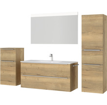 Badmöbel-Set NOBILIA Programm 1 BxHxT 230 x 169,1 x 48,7 cm Frontfarbe eiche natur mit Möbel-Waschtisch weiß und Spiegel mit LED-Beleuchtung Midischrank Unterschrank Griffleiste chrom matt 150