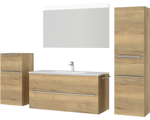 Ensemble de salle de bains avec meuble-lavabo, armoire de toilette et armoire haute aspect bois