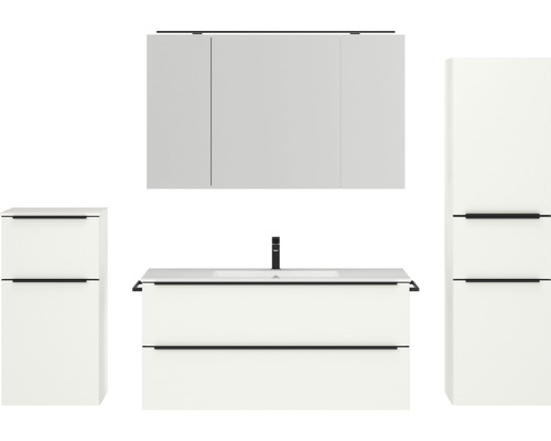 Badmöbel-Set NOBILIA Programm 1 BxHxT 230 x 169,1 x 48,7 cm Frontfarbe weiß matt mit Möbel-Waschtisch und Spiegelschrank 3-türig mit LED-Beleuchtung Unterschrank Midischrank Griffleiste schwarz 153 Badezimmerset mit Waschtischunterschrank, Spiegelschrank und zwei Hochschränken
