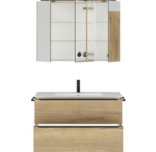 Set de meubles de salle de bains NOBILIA Programm 1 lxhxp 101 x 169,1 x 48,7 cm couleur de façade chêne naturel avec vasque pour meuble et armoire de toilette à 3 portes avec éclairage LED barre de prise noir 103