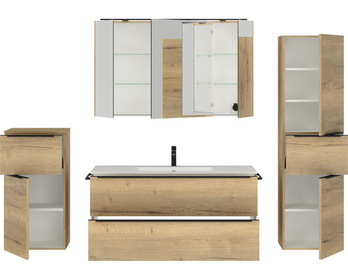 Badezimmermöbelset mit Waschtisch, Spiegelschrank und Hochschrank
