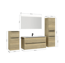 Badmöbel-Set NOBILIA Programm 1 BxHxT 230 x 169,1 x 48,7 cm Frontfarbe eiche natur mit Möbel-Waschtisch weiß und Spiegel mit LED-Beleuchtung Midischrank Unterschrank Griffleiste schwarz 151