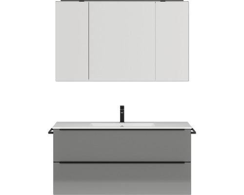 Set de meubles de salle de bains NOBILIA Programm 1 lxhxp 121 x 169,1 x 48,7 cm couleur de façade gris haute brillance avec meuble à vasque et armoire de toilette à 3 portes avec éclairage LED barre de prise noir 141 Meuble-lavabo avec lavabo et armoire de toilette pour la salle de bains