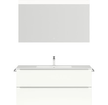 Badmöbel-Set NOBILIA Programm 1 BxHxT 121 x 169,1 x 48,7 cm Frontfarbe weiß hochglanz mit Möbel-Waschtisch weiß und Spiegel mit LED-Beleuchtung Griffleiste chrom matt 130