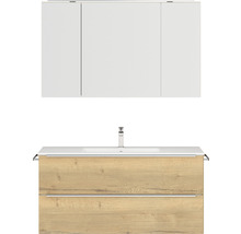 Badmöbel-Set NOBILIA Programm 1 BxHxT 121 x 169,1 x 48,7 cm Frontfarbe eiche natur mit Möbel-Waschtisch und Spiegelschrank 3-türig mit LED-Beleuchtung Griffleiste chrom matt 142