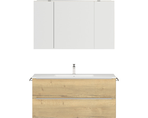 Set de meubles de salle de bains NOBILIA Programm 1 lxhxp 121 x 169,1 x 48,7 cm couleur de façade chêne naturel avec meuble à vasque et armoire de toilette à 3 portes avec éclairage LED barre de prise chrome mat 142 Combinaison de meuble-lavabo de salle de bain avec armoire de toilette