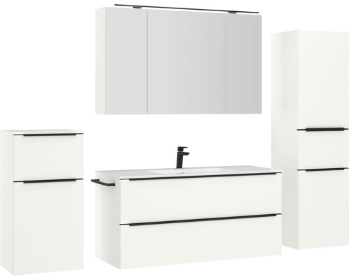 Ensemble de meubles de salle de bains blancs avec lavabo, meuble sous-lavabo, armoire de toilette et armoire haute