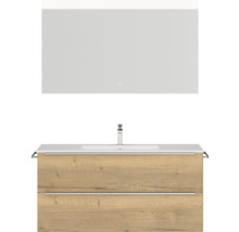 Badmöbel-Set NOBILIA Programm 1 BxHxT 121 x 169,1 x 48,7 cm Frontfarbe eiche natur mit Möbel-Waschtisch weiß und Spiegel mit LED-Beleuchtung Griffleiste chrom matt 134