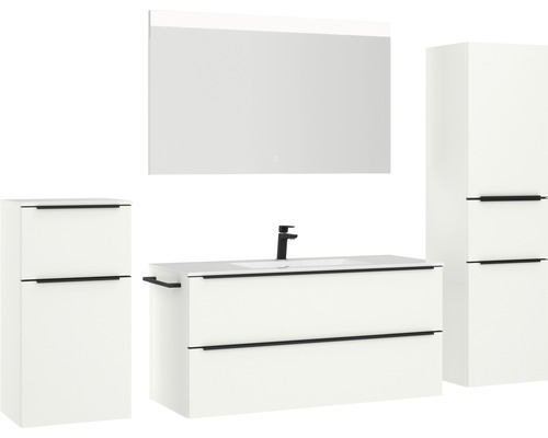 Ensemble de salle de bains avec meuble sous-lavabo, armoire de toilette et deux armoires hautes